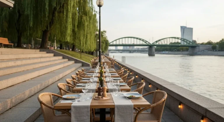 Taras restauracji na bulwarach wislanych w Warszawie z nakrytymi stolikami i widokiem na rzeke oraz most