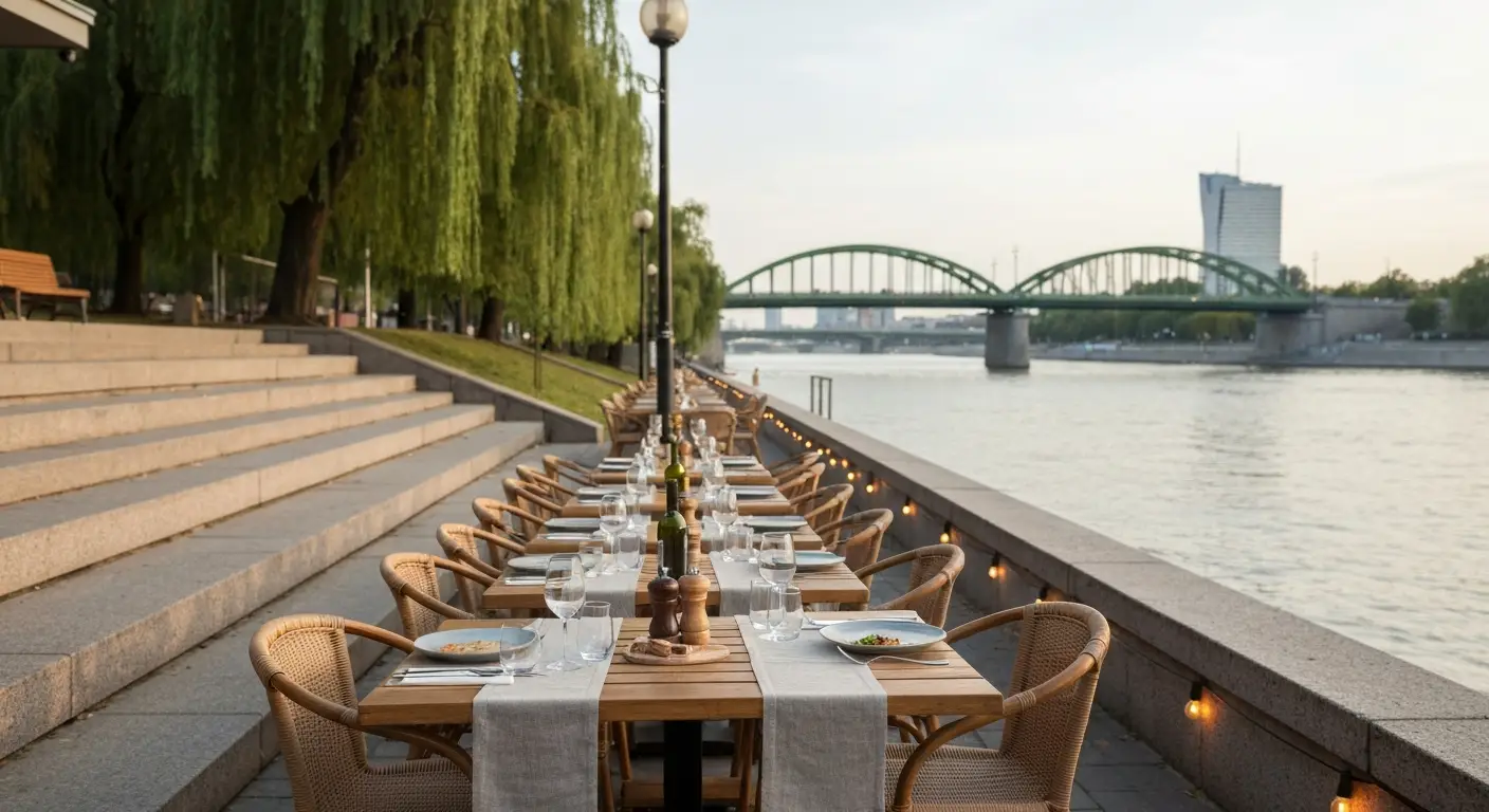 Taras restauracji na bulwarach wislanych w Warszawie z nakrytymi stolikami i widokiem na rzeke oraz most