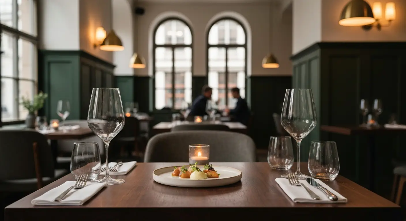 Elegancko nakryty stolik z daniem z menu degustacyjnego w warszawskiej restauracji premium