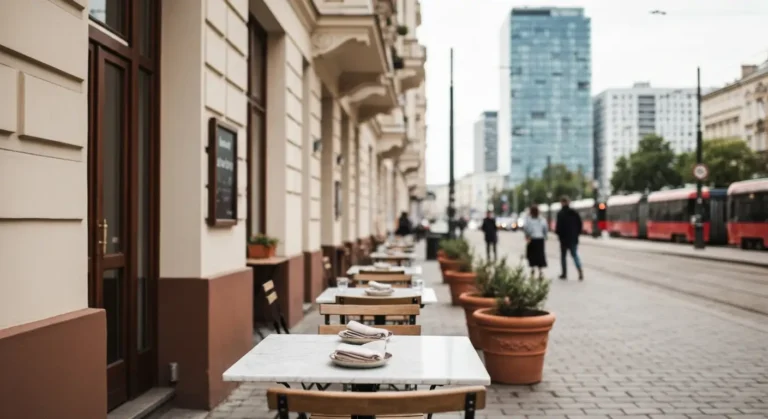 Uliczka z restauracjami w warszawskiej kamienicy - stoliki na chodniku, w tle tramwaj i wiezowce