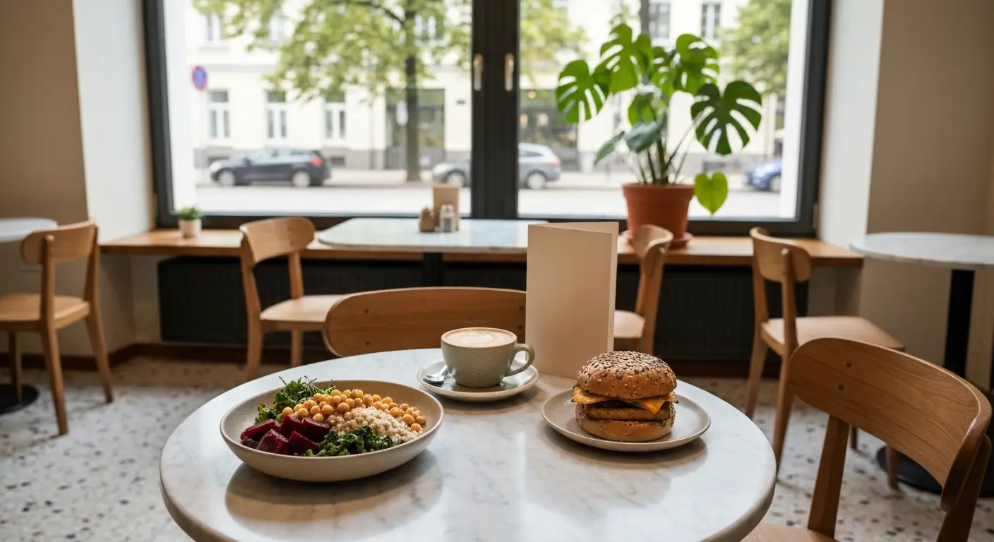 Stolik w warszawskiej restauracji weganskiej - miska z warzywami, burger roslinny i kawa na owsianym mleku przy oknie ka