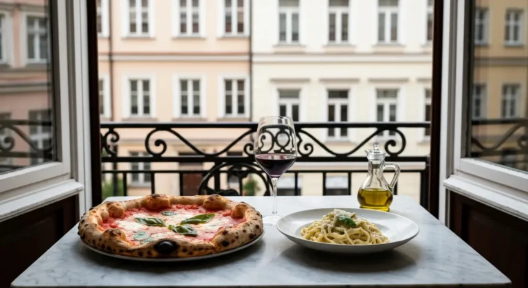 Pizza margherita i makaron na marmurowym stole warszawskiej restauracji, w tle rozmyte kamienice Starowki