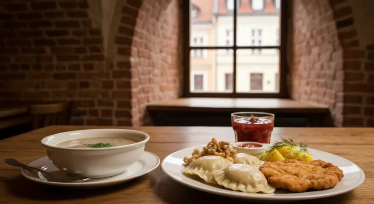 Stol w warszawskiej restauracji z zurkiem, pierogami i schabowym, w tle mury staromiejskiej kamienicy