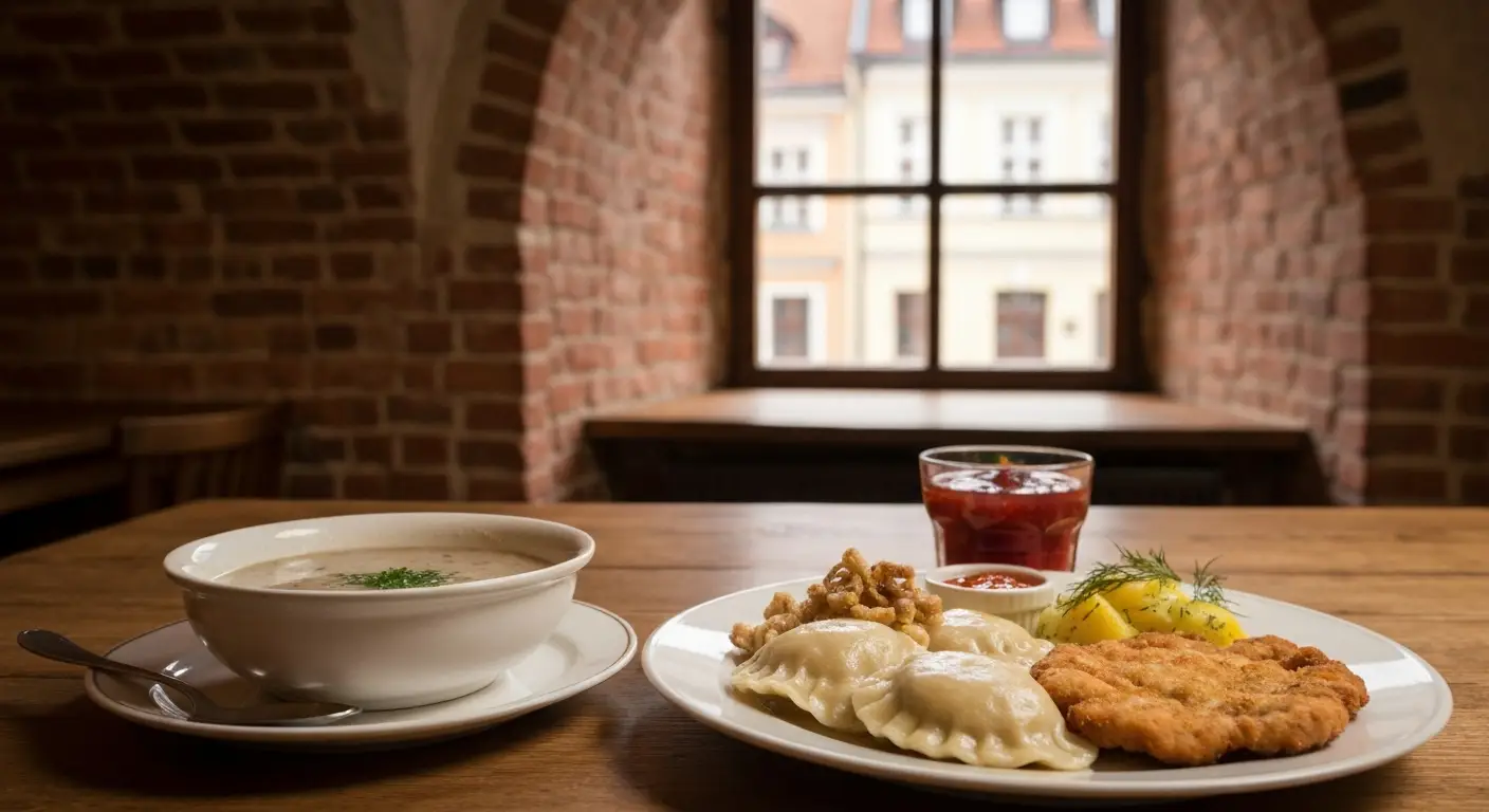 Stol w warszawskiej restauracji z zurkiem, pierogami i schabowym, w tle mury staromiejskiej kamienicy
