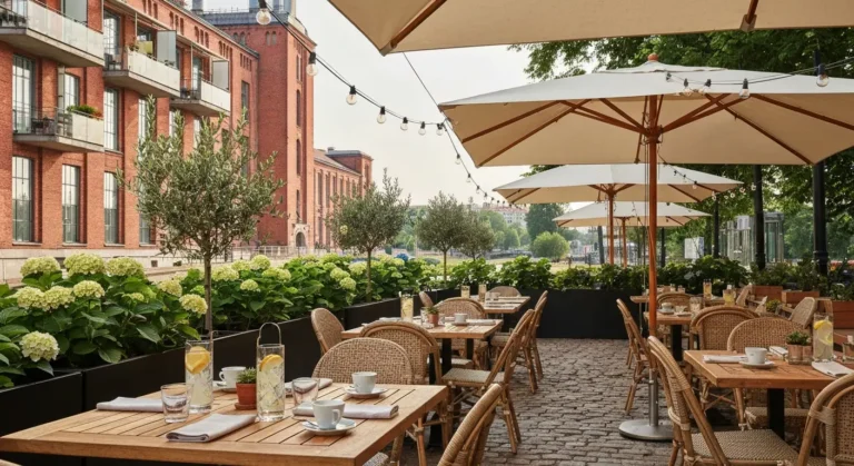 Letni ogrodek restauracyjny w Warszawie na Powislu - drewniane stoliki pod parasolem, zielen w donicach i ceglana fasada