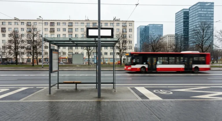 Wiata przystanku autobusowego w centrum Warszawy z pustym wyswietlaczem odjazdow i nadjezdzajacym autobusem