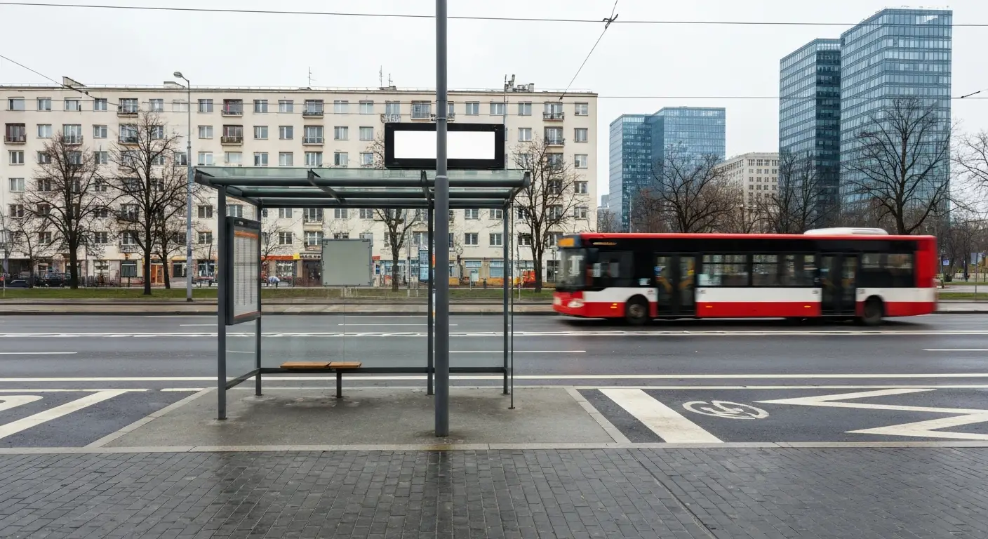 Wiata przystanku autobusowego w centrum Warszawy z pustym wyswietlaczem odjazdow i nadjezdzajacym autobusem