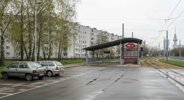Starszy samochod zaparkowany na warszawskim parkingu P+R obok wejscia do metra i torow tramwajowych