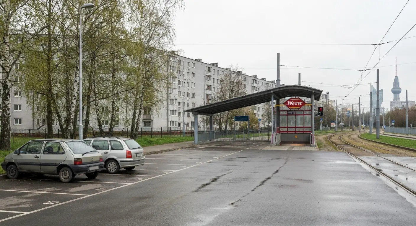 Starszy samochod zaparkowany na warszawskim parkingu P+R obok wejscia do metra i torow tramwajowych