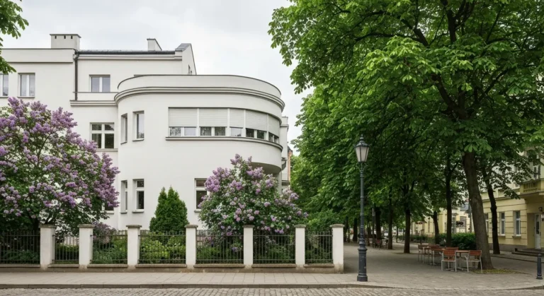 Modernistyczna willa z zaokraglonym narozem przy zielonej ulicy na Saskiej Kepie w Warszawie