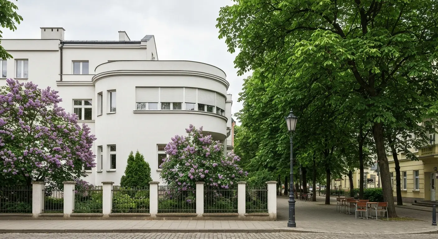 Modernistyczna willa z zaokraglonym narozem przy zielonej ulicy na Saskiej Kepie w Warszawie