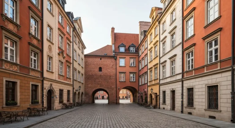 Brukowany rynek warszawskiej Starowki z kamienicami i ceglanym Barbakanem w tle o poranku
