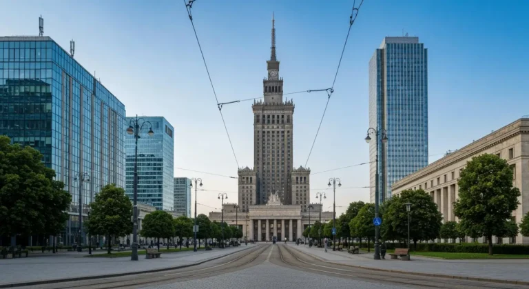 Centrum Srodmiescia Warszawy - wieza Palacu Kultury i Nauki, szklane biurowce i szeroka aleja z torami tramwajowymi