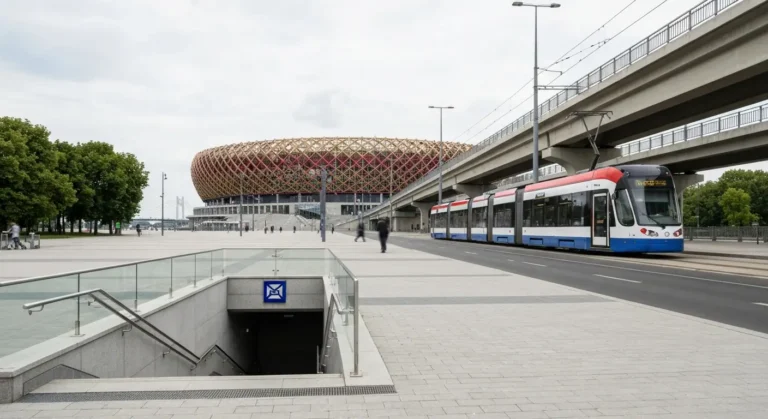 Stadion Narodowy w Warszawie widziany od strony placu, obok tramwaj i wejscie do metra