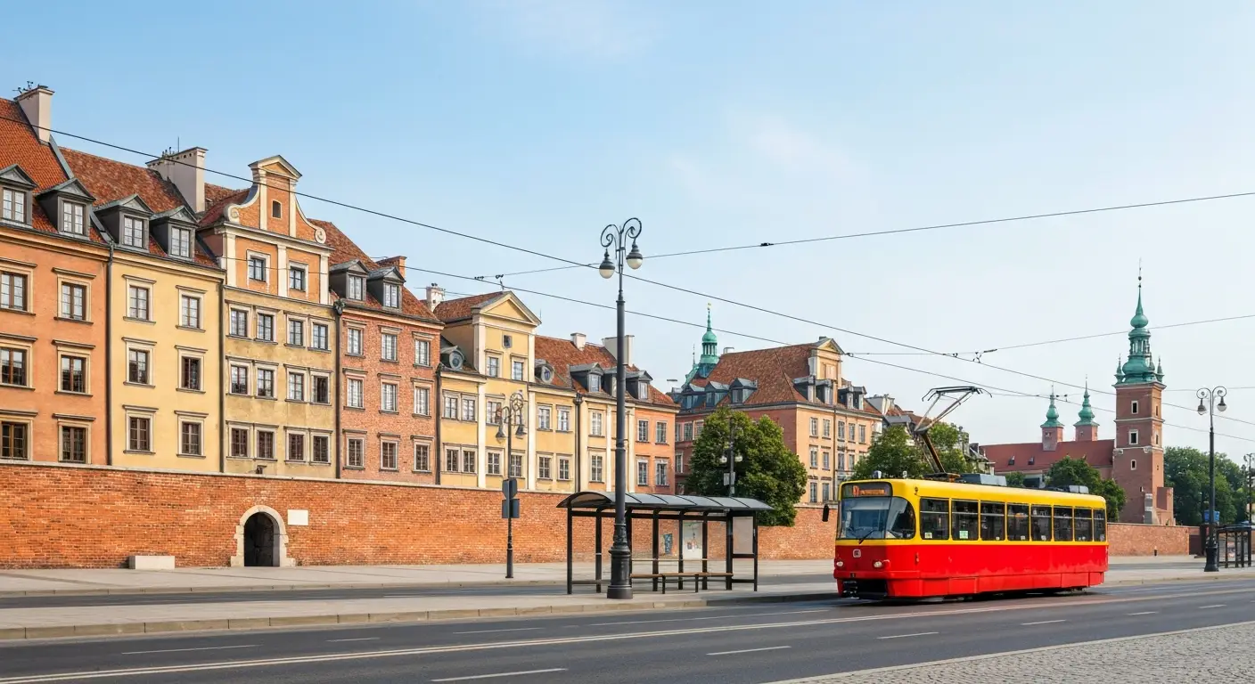 Tramwaj przejezdzajacy obok Starego Miasta w Warszawie z Barbakanem i kamienicami Rynku w tle