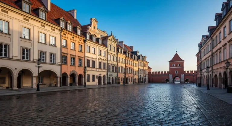Rynek Starego Miasta w Warszawie z kolorowymi kamienicami i brukowanym placem o poranku