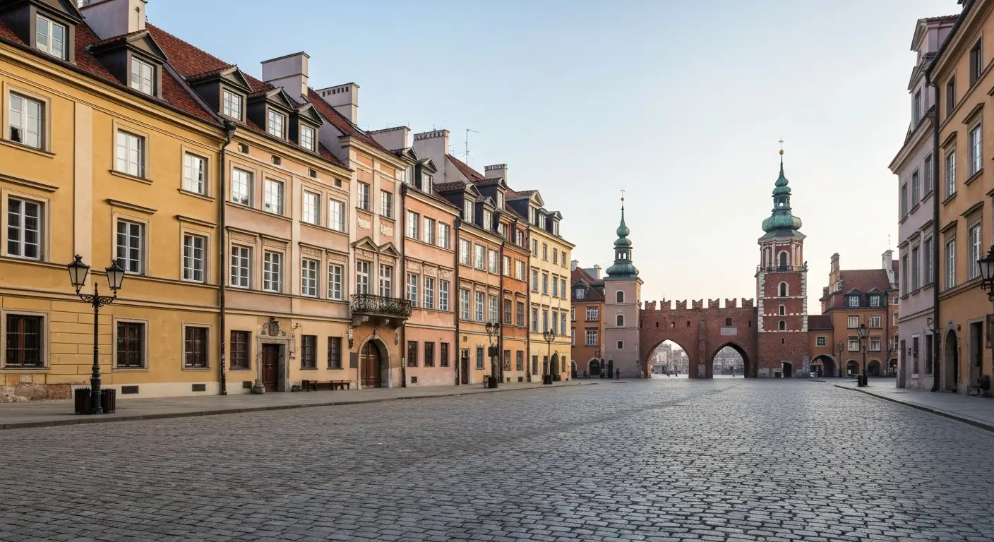Rynek Starego Miasta w Warszawie z kolorowymi kamienicami i brukiem, w tle ceglany Barbakan