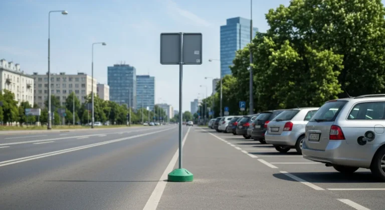 Szeroka warszawska ulica w strefie czystego transportu z zaparkowanymi samochodami i wiezowcami w tle