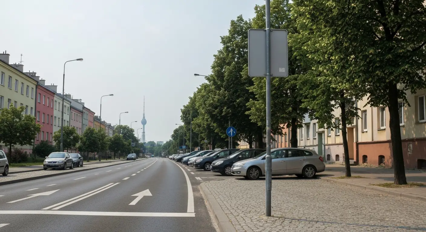 Ulica w centrum Warszawy z pustą tablicą znaku drogowego, zaparkowanymi autami i kamienicami w tle