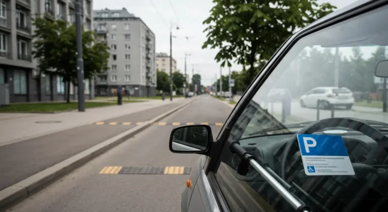 Starszy samochod zaparkowany przy krawezniku w centrum Warszawy, karta parkingowa za szyba, w tle bloki i sieć tramwajow