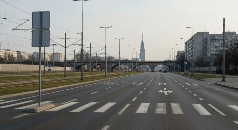 Szeroka warszawska aleja z torami tramwajowymi i pustymi tablicami znakow na granicy strefy czystego transportu