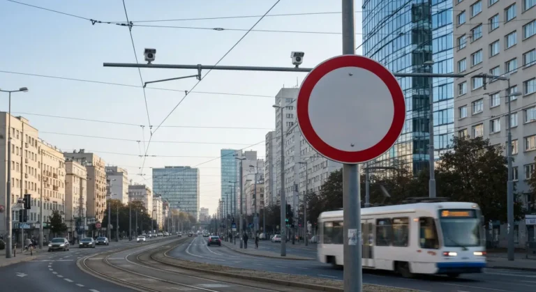 Aleja w centrum Warszawy z pustym znakiem drogowym, bramownica z kamerami, tory tramwajowe i modernistyczne bloki