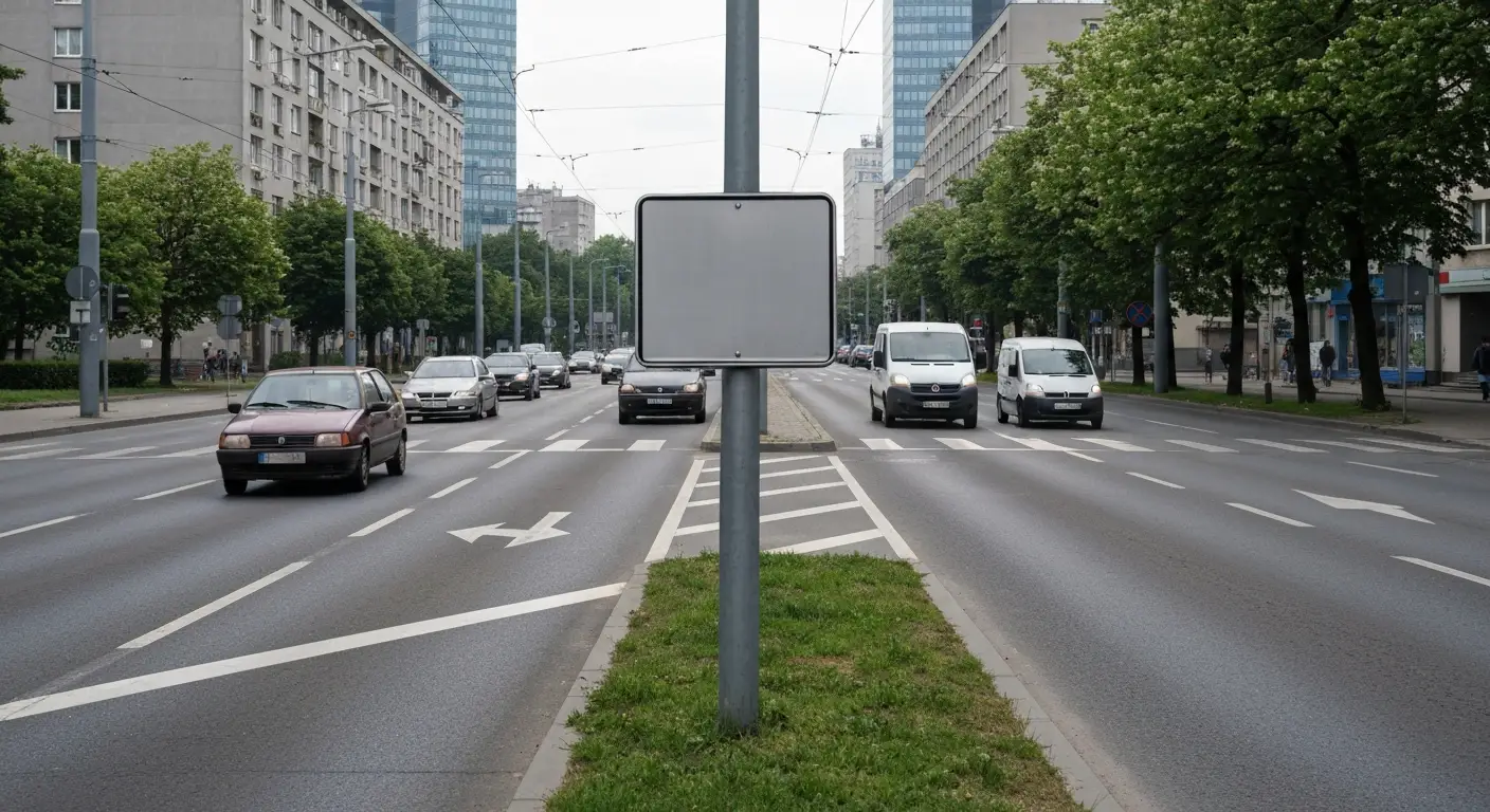 Ruchliwa ulica w centrum Warszawy z samochodami przed skrzyzowaniem, torowiskiem tramwajowym i blokami w tle