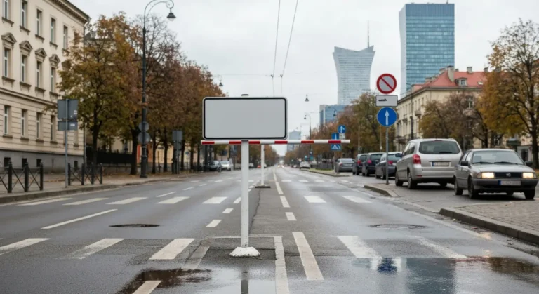 Wjazd do strefy czystego transportu w Warszawie - ulica z samochodami i pustym slupkiem oznaczenia w tle kamienic i wiez