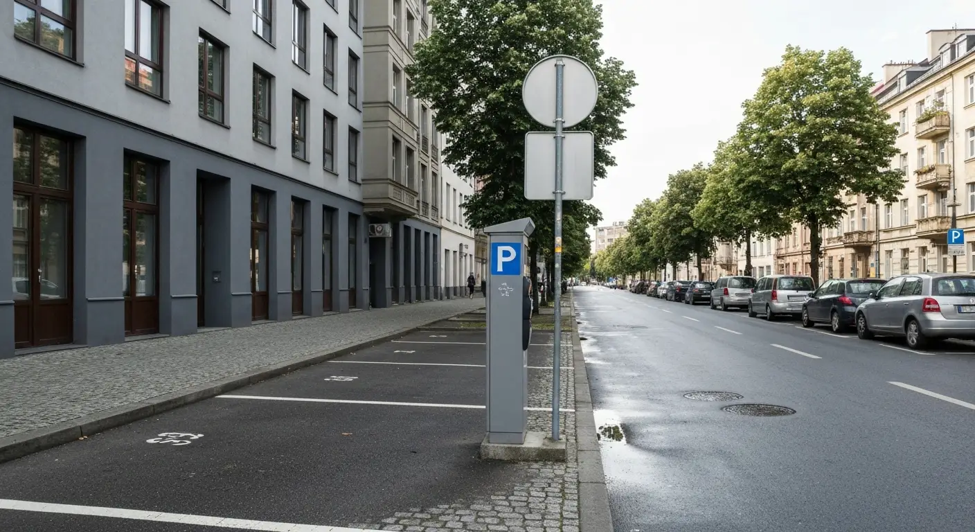 Ulica w centrum Warszawy z wyznaczonymi miejscami postojowymi i parkomatem przy chodniku