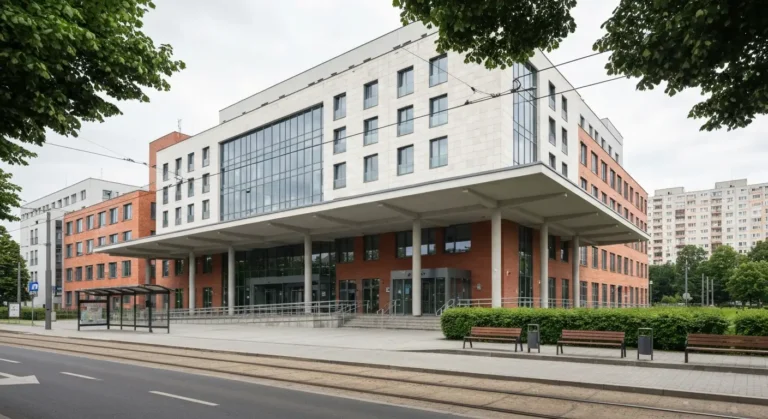 Nowoczesny budynek szpitala klinicznego przy ulicy w Warszawie, zadaszone wejscie glowne, podjazd dla pacjentow i przyst