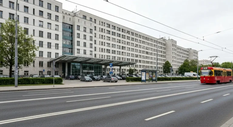 Nowoczesny budynek szpitala kliniczneg o przy ulicy Banacha w Warszawie, parking przed wejsciem i przejezdzajacy tramwaj