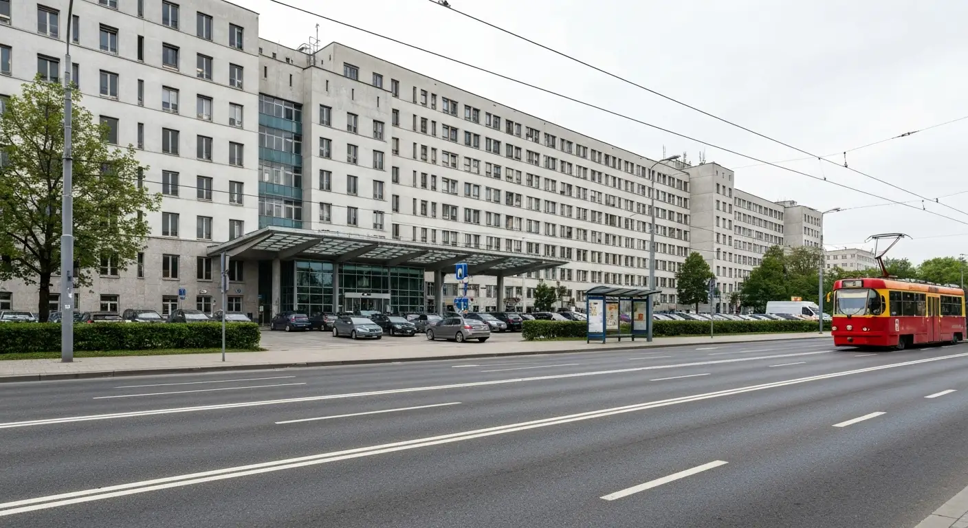 Nowoczesny budynek szpitala kliniczneg o przy ulicy Banacha w Warszawie, parking przed wejsciem i przejezdzajacy tramwaj