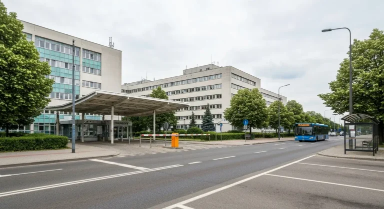 Wjazd i parking przy rozleglym kompleksie szpitalnym na Pradze-Poludnie w Warszawie, szlaban, miejsca postojowe i przyst