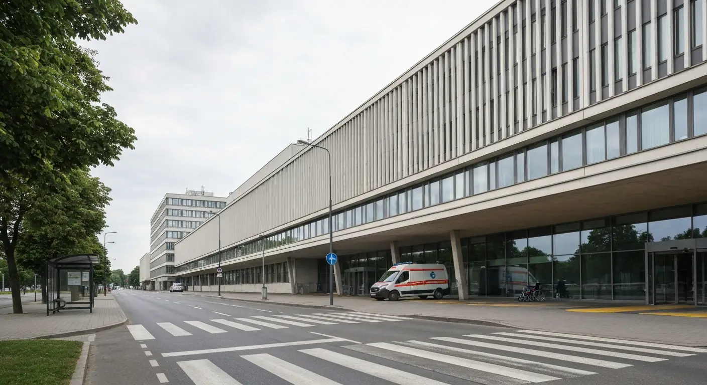 Modernistyczny budynek szpitala na Pradze-Poludnie w Warszawie z zadaszonym podjazdem dla karetek i wejsciem glownym