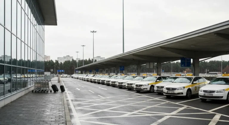 Postoj taksowek przed szklanym terminalem warszawskiego lotniska, biale samochody czekaja na pasazerow