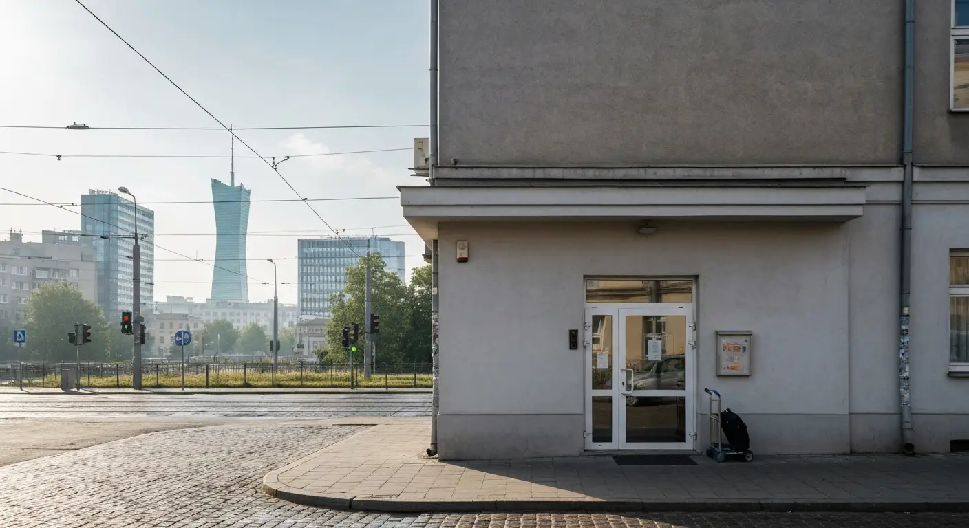 Wejscie do niedrogiego hotelu przy bocznej ulicy w Warszawie, w tle kamienica, torowisko tramwajowe i wiezowce