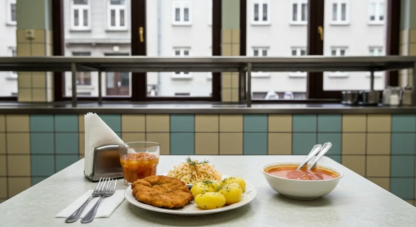 Tani obiad w warszawskim barze mlecznym - kotlet z ziemniakami, surowka, zupa i kompot na prostym stole