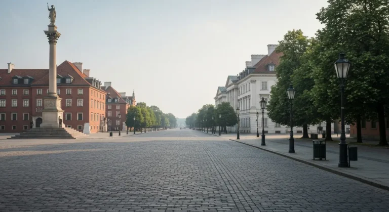 Trakt Krolewski w Warszawie - Plac Zamkowy z kolumna Zygmunta i perspektywa Krakowskiego Przedmiescia o poranku