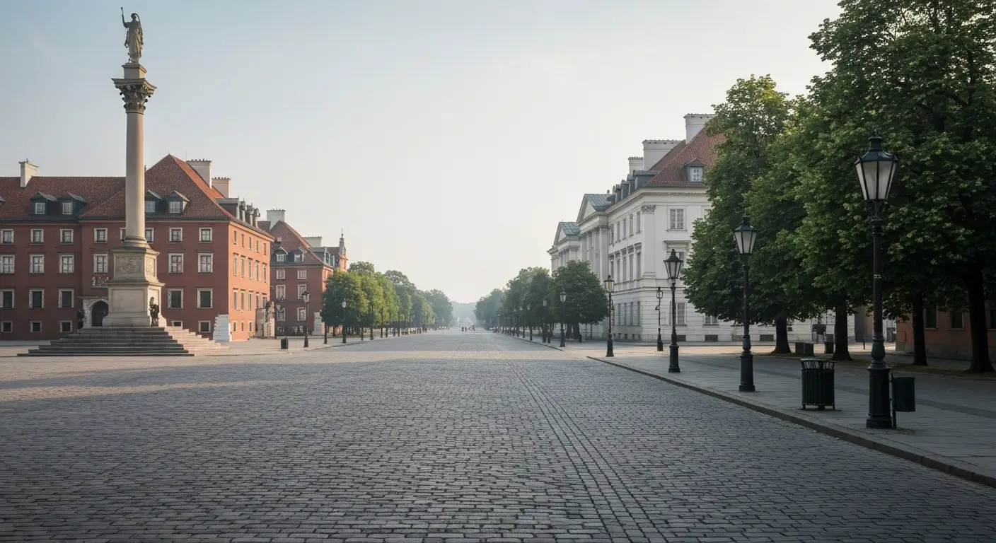 Trakt Krolewski w Warszawie - Plac Zamkowy z kolumna Zygmunta i perspektywa Krakowskiego Przedmiescia o poranku