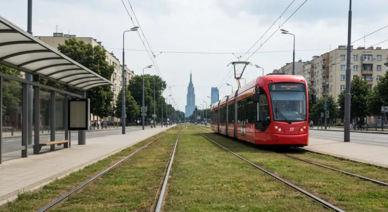 Nowoczesny tramwaj jadacy szeroka warszawska aleja wzdluz torowiska z zielonym trawnikiem i wiata przystankowa