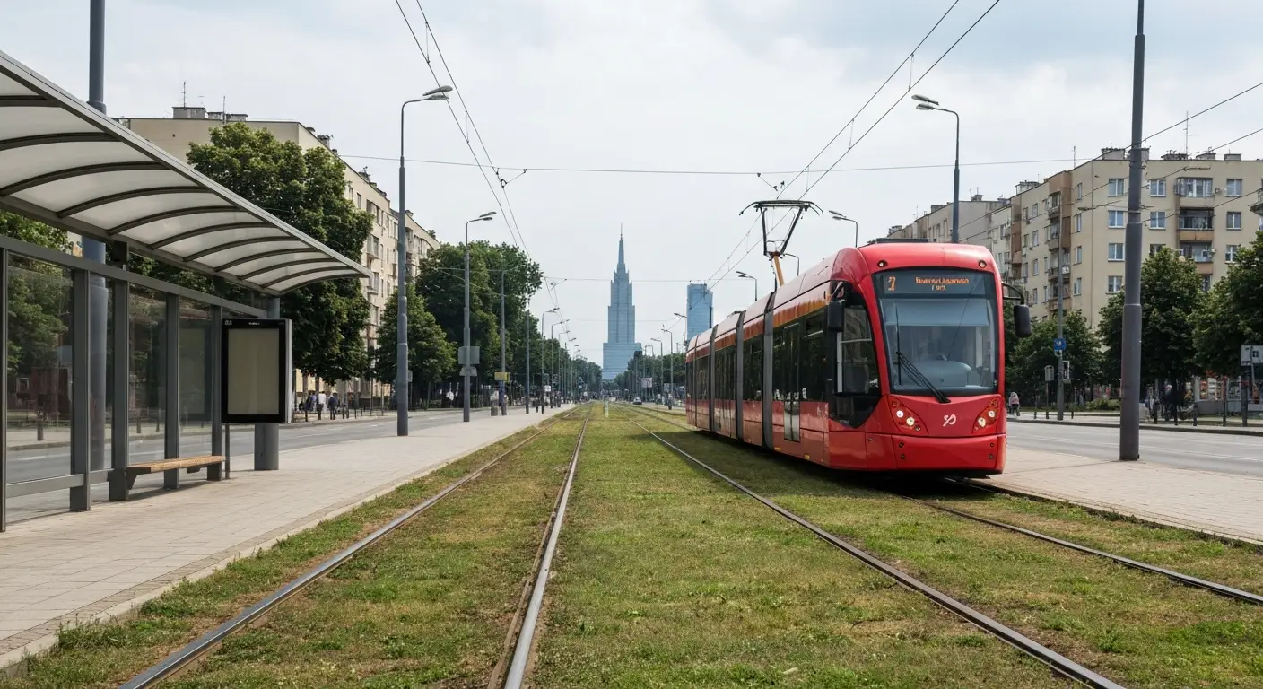 Nowoczesny tramwaj jadacy szeroka warszawska aleja wzdluz torowiska z zielonym trawnikiem i wiata przystankowa