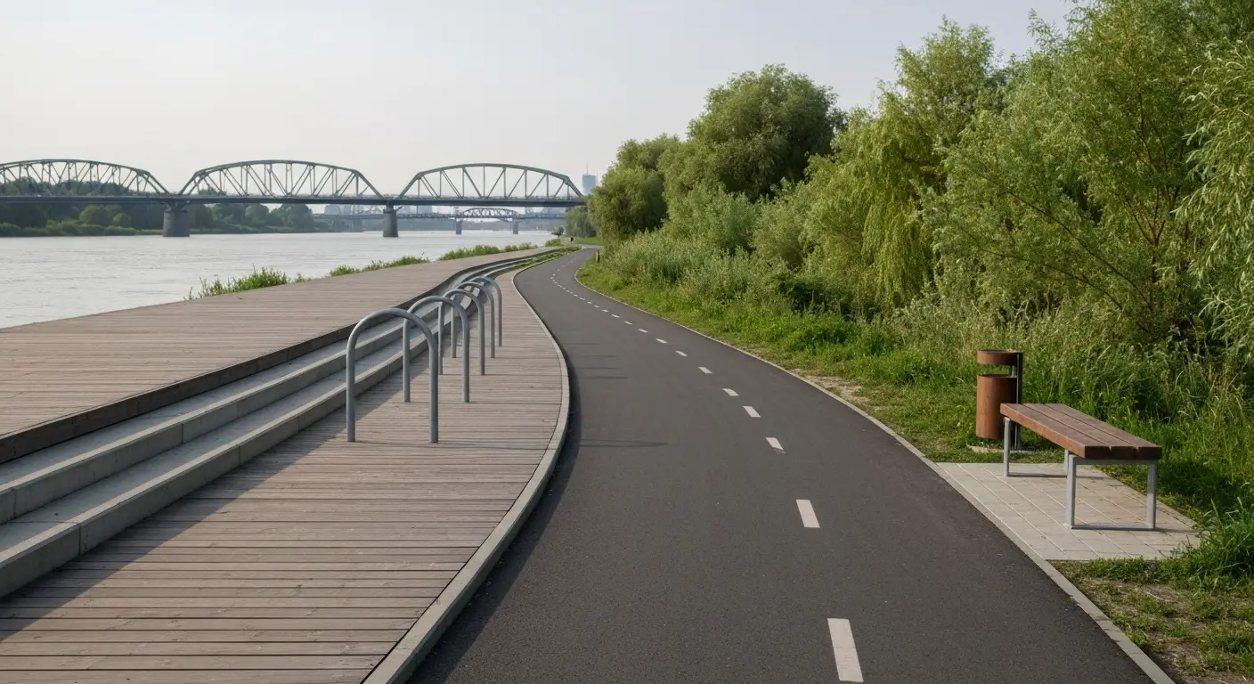 Asfaltowa droga rowerowa nad Wisla w Warszawie z bulwarem, stojakami na rowery i mostem w tle