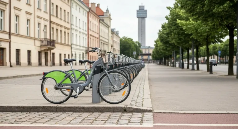 Stacja rowerow miejskich z zaparkowanymi rowerami przy sciezce rowerowej w centrum Warszawy