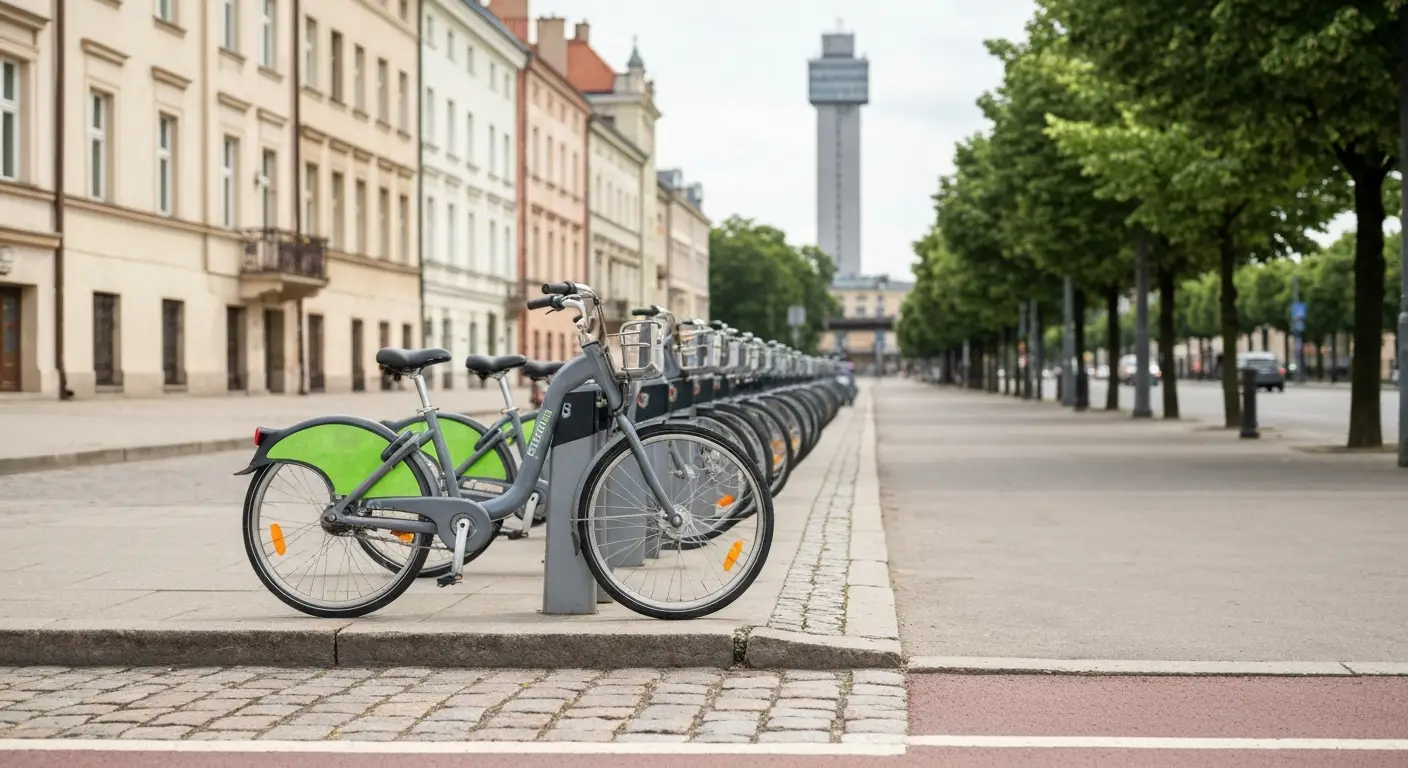 Stacja rowerow miejskich z zaparkowanymi rowerami przy sciezce rowerowej w centrum Warszawy