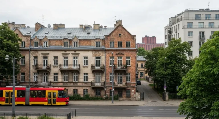 Praska ulica z przedwojennymi kamienicami, brukiem i przejezdzajacym tramwajem w Warszawie poza centrum