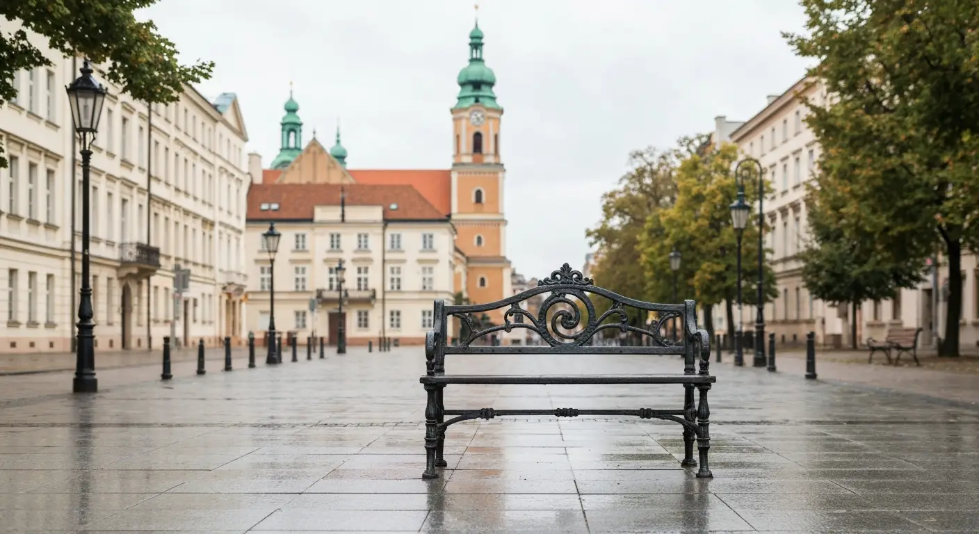 Zeliwna lawka Chopina na Krakowskim Przedmiesciu w Warszawie, w tle klasycystyczne kamienice i wieza kosciola