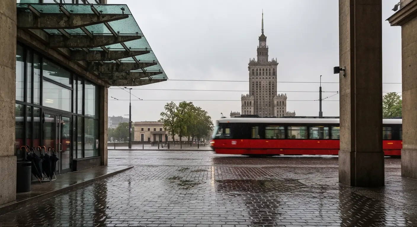 Deszczowy dzien w centrum Warszawy - mokry bruk, sylwetka Palacu Kultury i Nauki we mgle oraz wejscie do muzeum pod zada