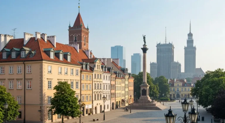 Poranny widok na warszawska Starowke z wieza Zamku Krolewskiego i Palacem Kultury w tle
