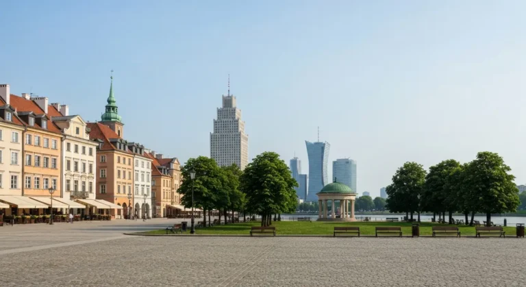 Warszawska Starowka z kamienicami, park nad Wisla i sylwetka wiezowcow w tle w porannym swietle