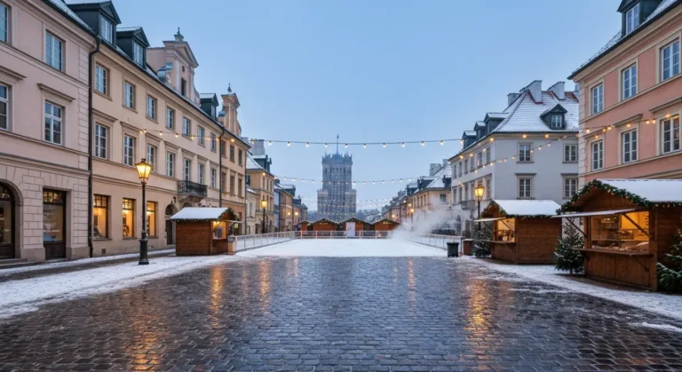 Zimowy wieczor na Starym Miescie w Warszawie - osniezony bruk, swiateczne iluminacje, drewniane stragany i male lodowisk